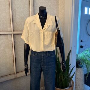 Liz Claiborne Vintage Butter Yellow 100% Silk Short Sleeve Button Blouse Sz 14